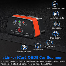 vLinker iCar2 LED indicator closeup showing three colors for connection and status clarity