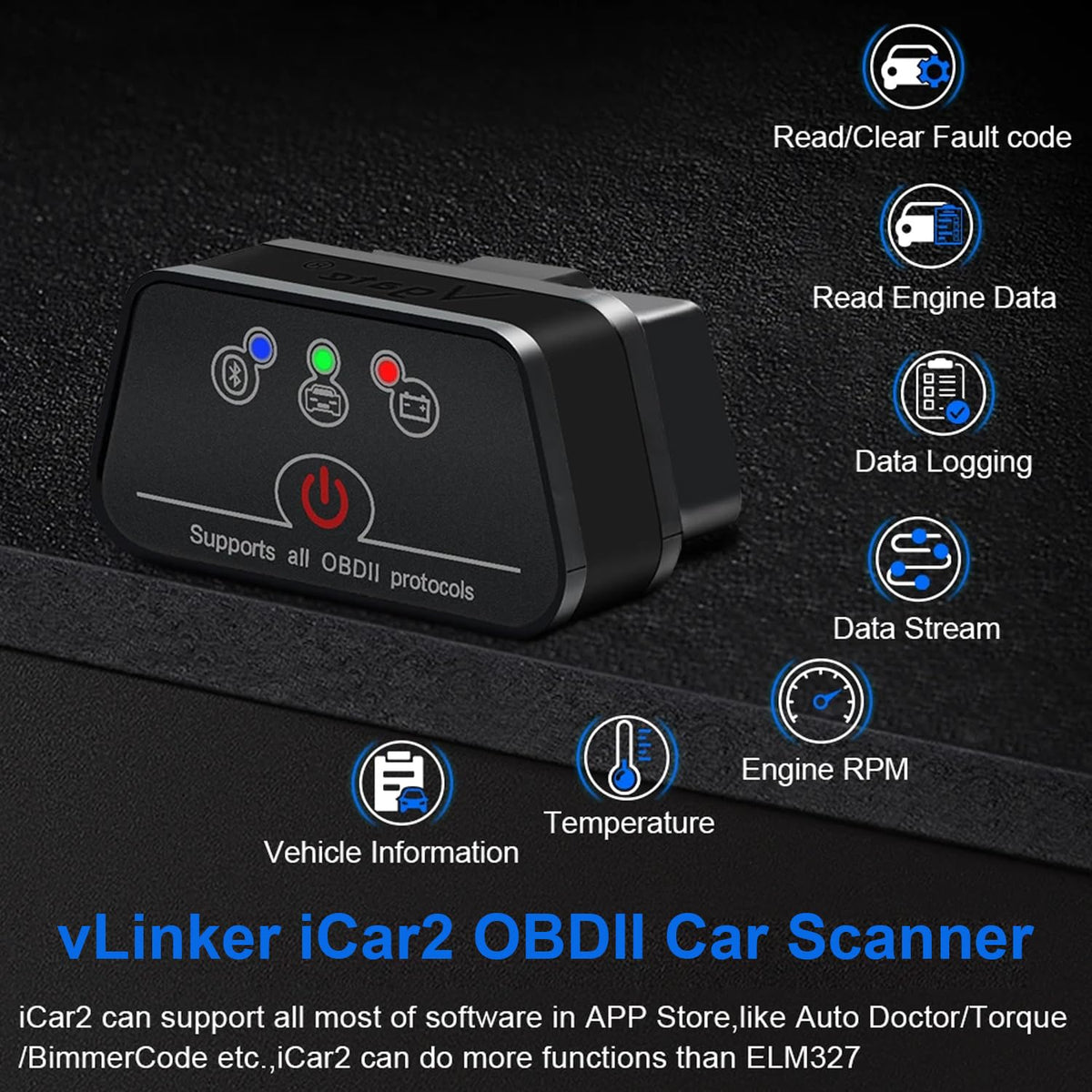 vLinker iCar2 LED close-up showing connection status and safe usage indicator