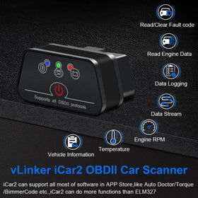 vLinker iCar2 LED close-up showing connection status and safe usage indicator