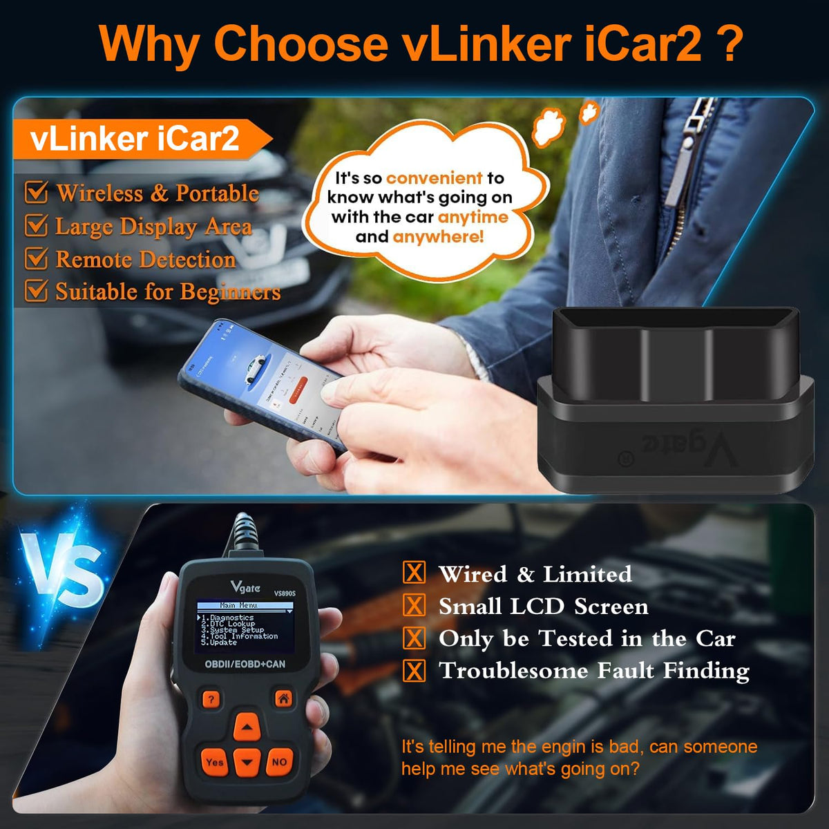 vLinker iCar2 slim side profile conveying compact portability for travel