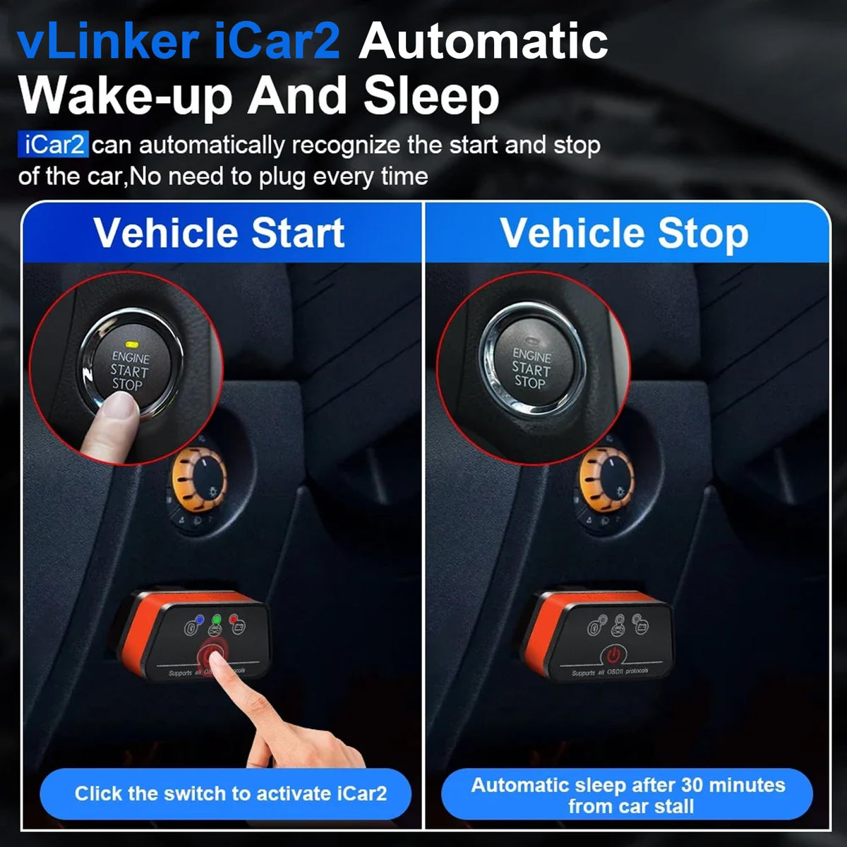 vLinker iCar2 connected to smartphone app screen showing live data and performance insights