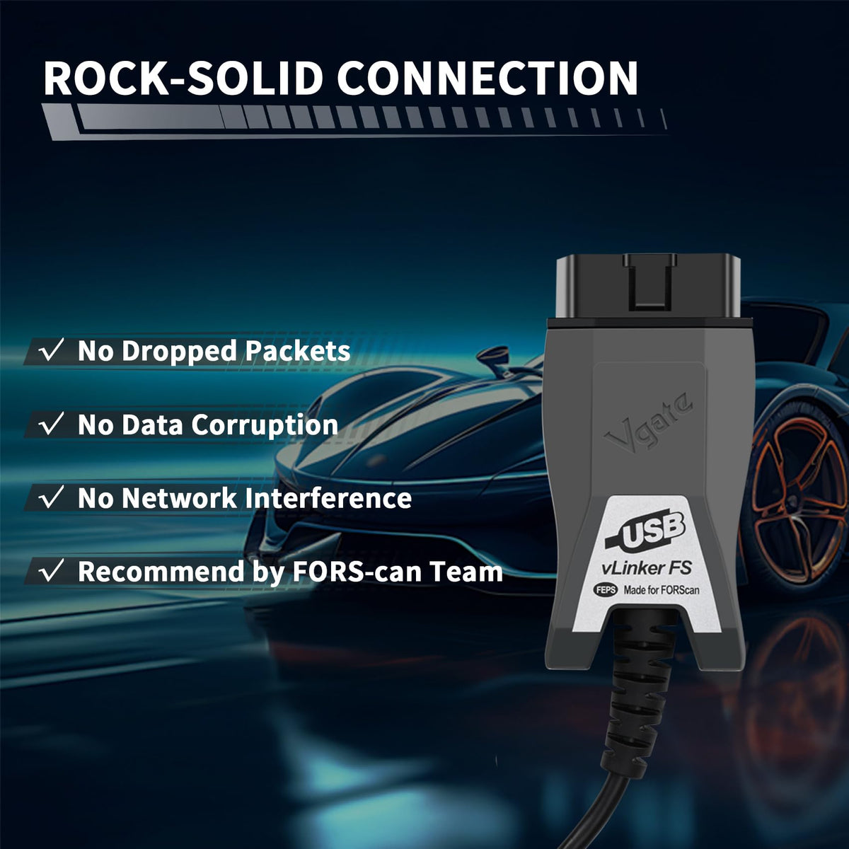 vLinker plugged into car OBD2 port demonstrating safe in-vehicle use