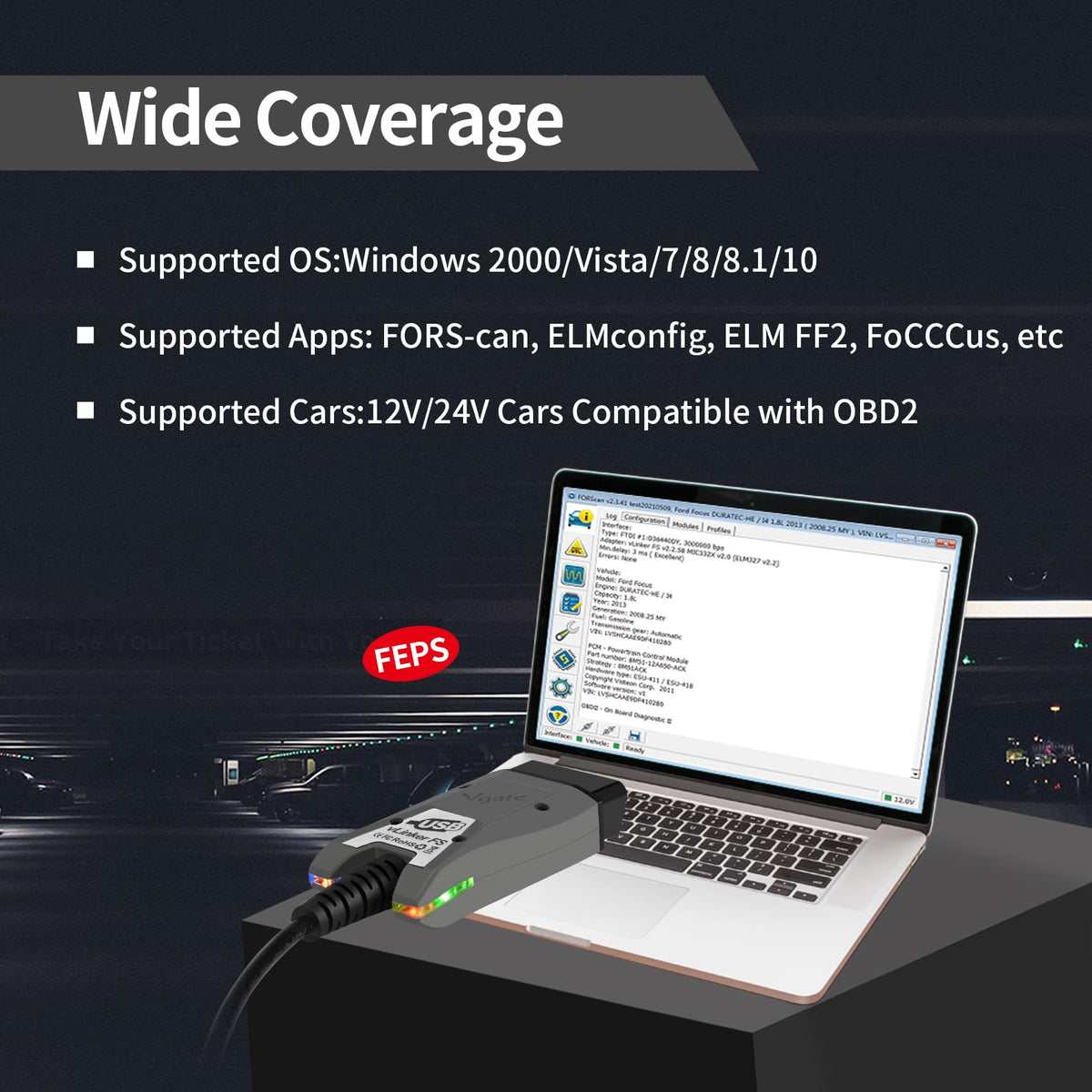 vLinker connected to laptop running FORScan for fast live-data streaming