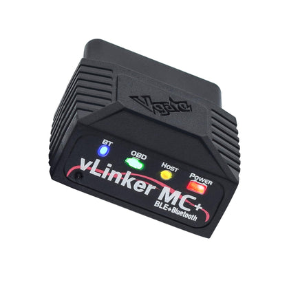 vLinker MC+ front connector view showing OBD-II plug and reliable fit