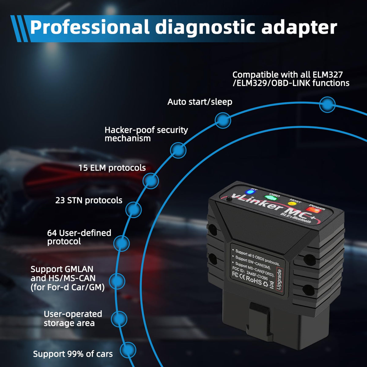 vLinker MC+ label and markings emphasizing protocol and safety info