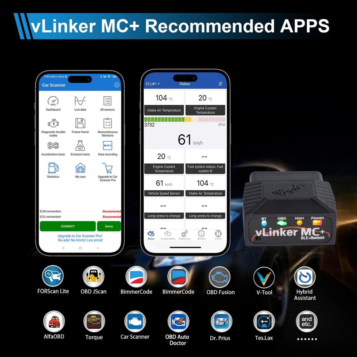 vLinker MC+ logging dashboard on tablet illustrating live performance data