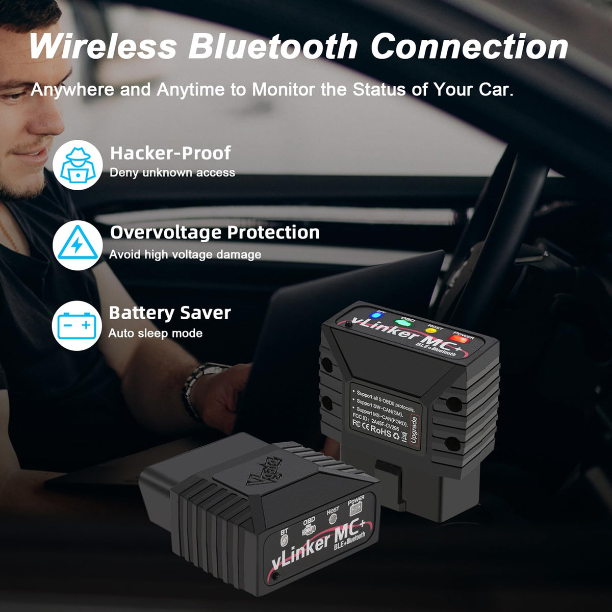 vLinker MC+ next to car key showing portable size for travel