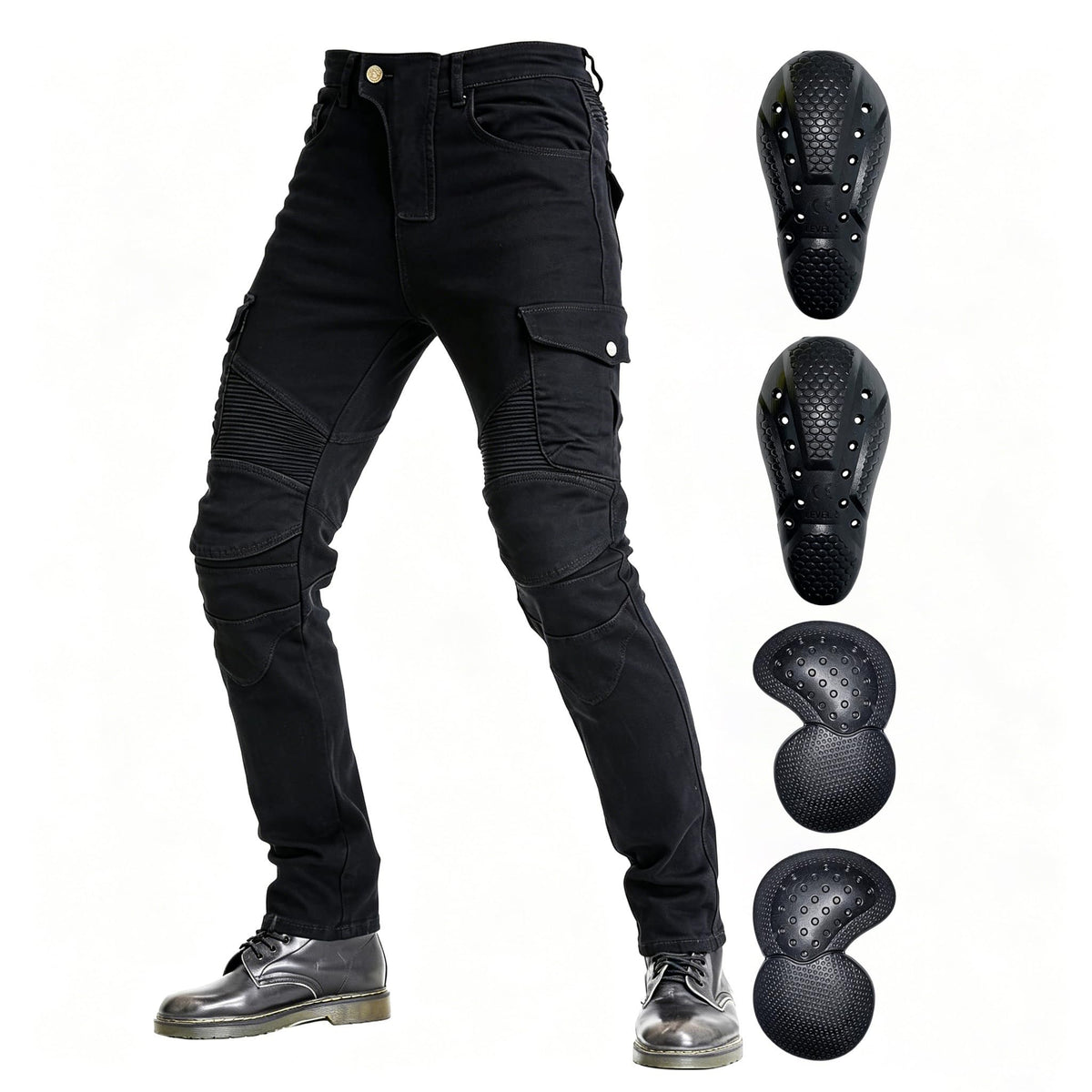 VNFOX front view of pants showing slim cut and reinforced panels for safety