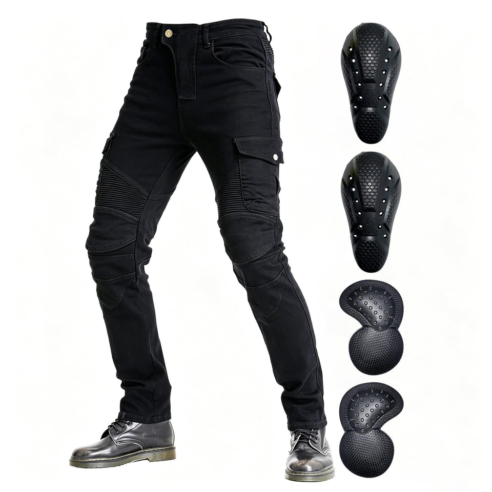 VNFOX front view of pants showing slim cut and reinforced panels for safety