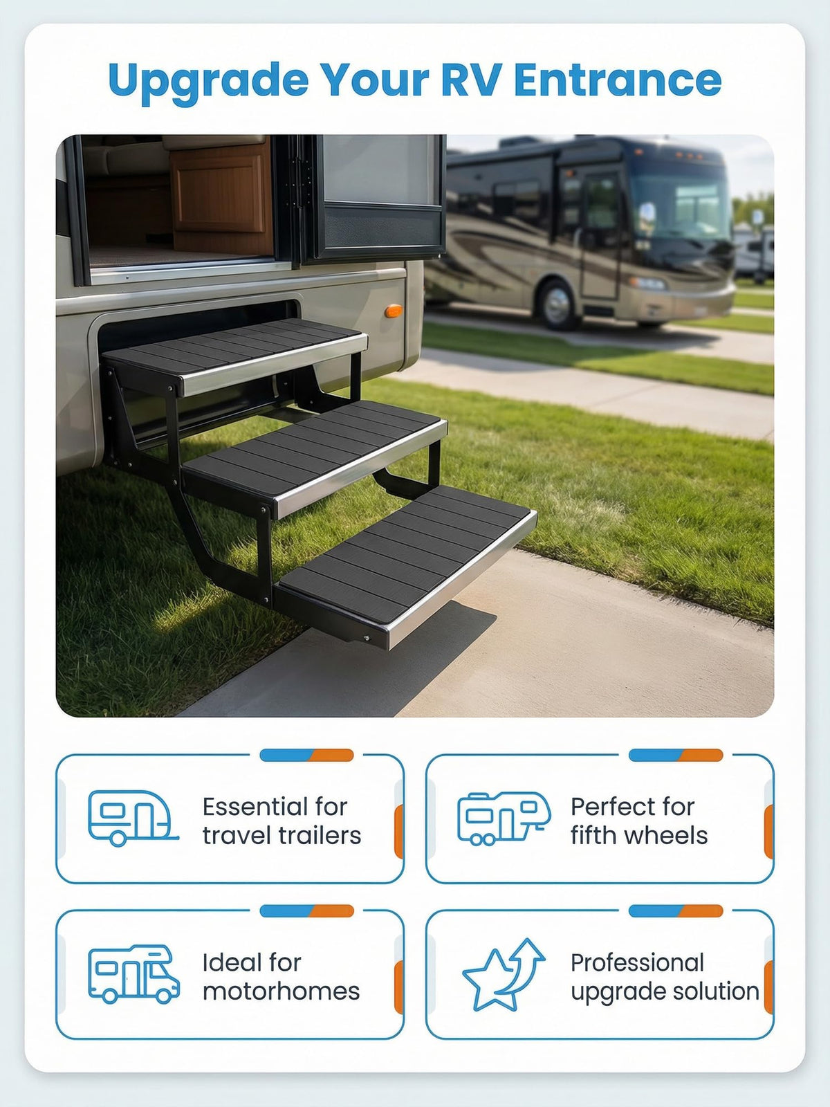 Vnivxte step covers on camper entry in campsite scene enhancing safety and cleanliness