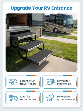 Vnivxte step covers on camper entry in campsite scene enhancing safety and cleanliness
