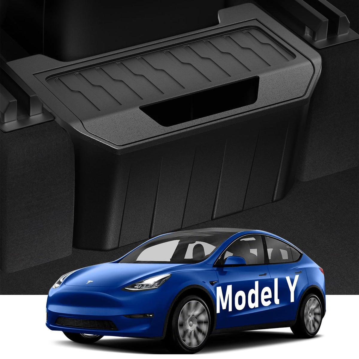 vnkesno front view of rear console organizer, keeps Model Y tidy