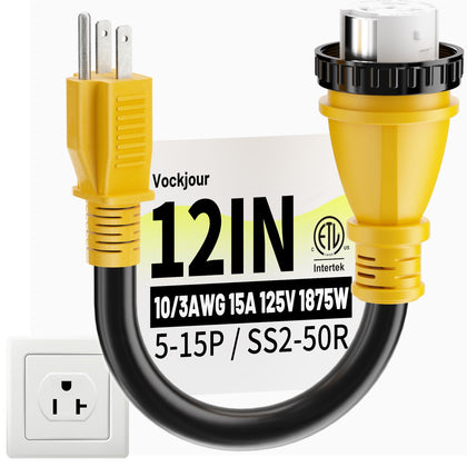 Vockjour front view of 50A to 15A adapter showing connectors and robust housing