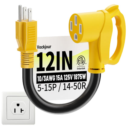Vockjour front view of adapter showing both 15A plug and 50A inlet for versatile hookups