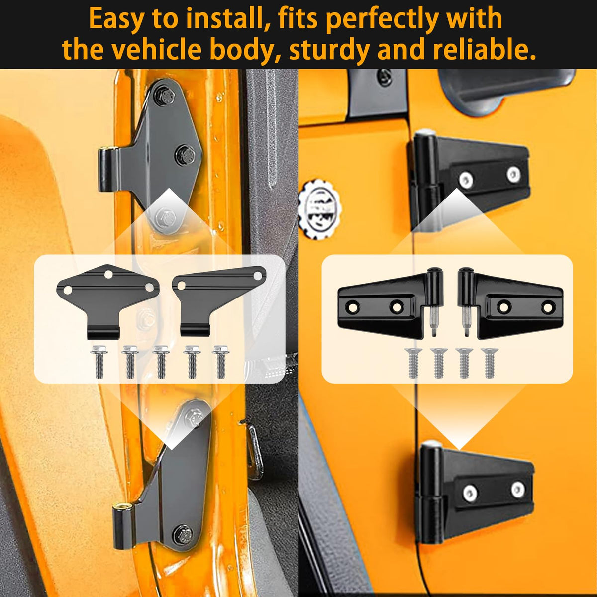 VODCACA installed hinge on Jeep door showing improved fit and reduced rattles