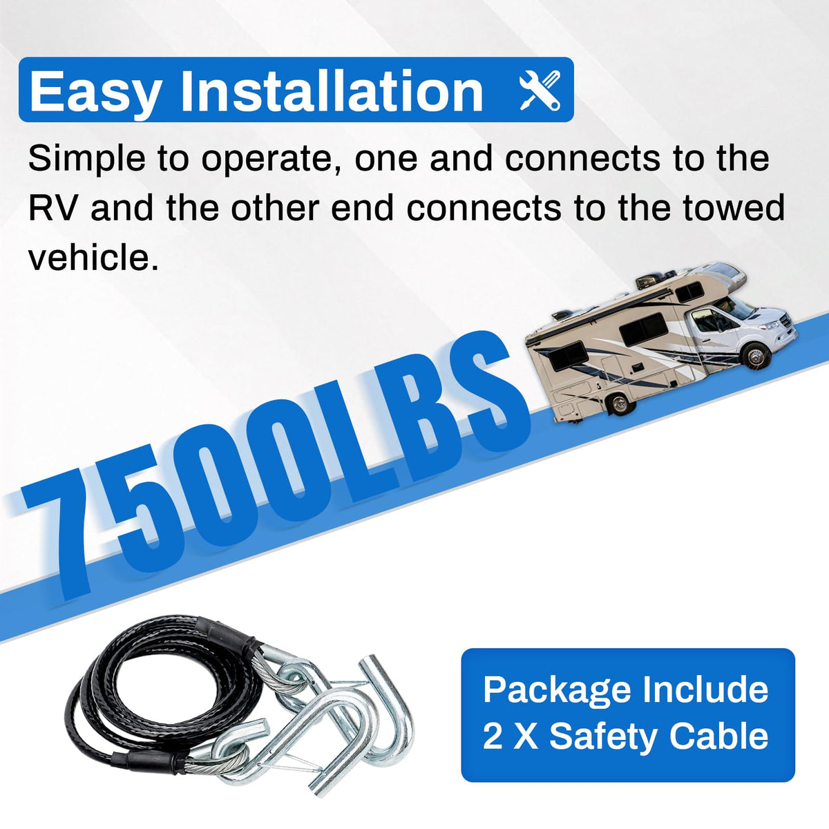 VODCACA safety cable installed on an RV showing safe flat-tow setup benefit