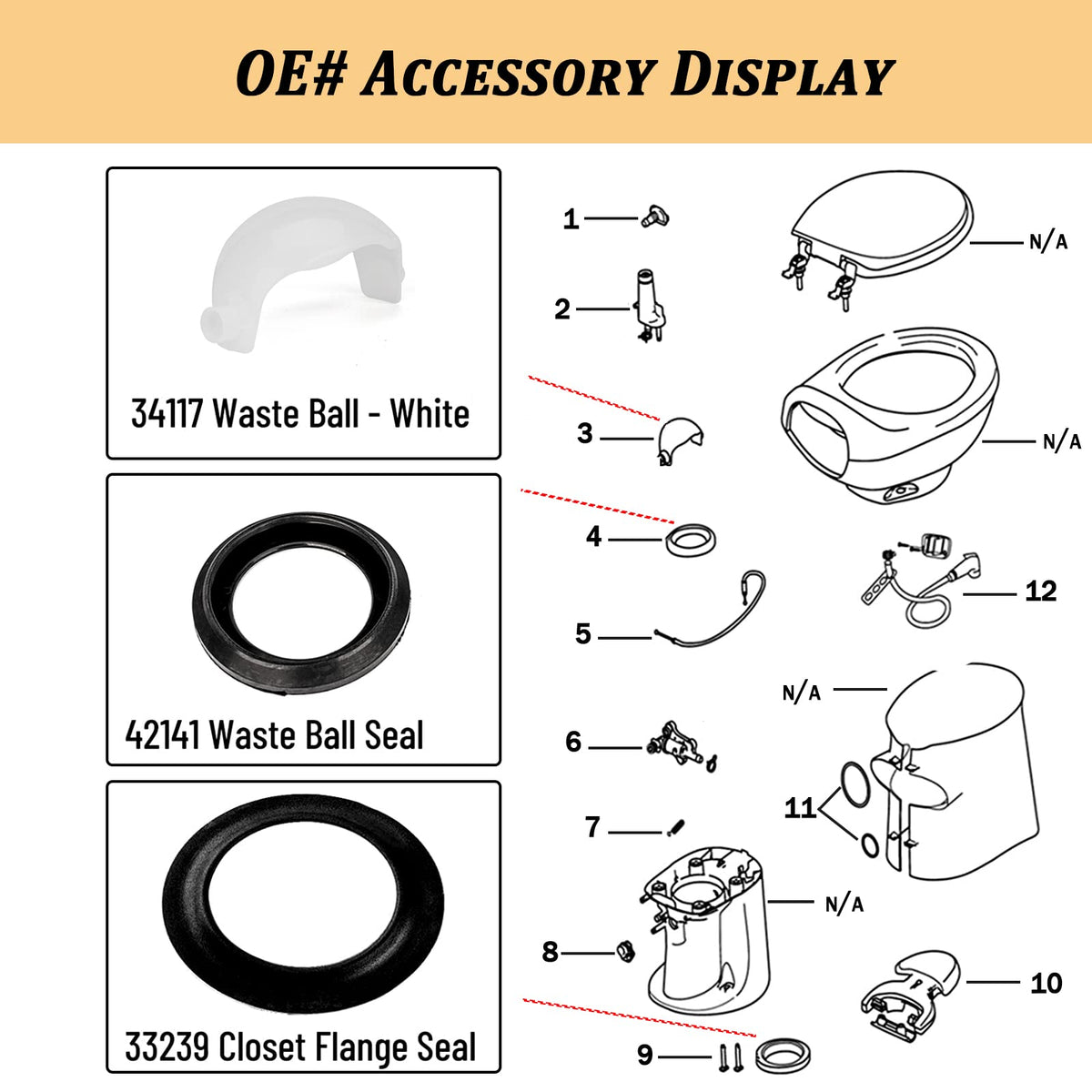 VODCACA closet flange seals array illustrating correct sizes and improved water-tight benefit