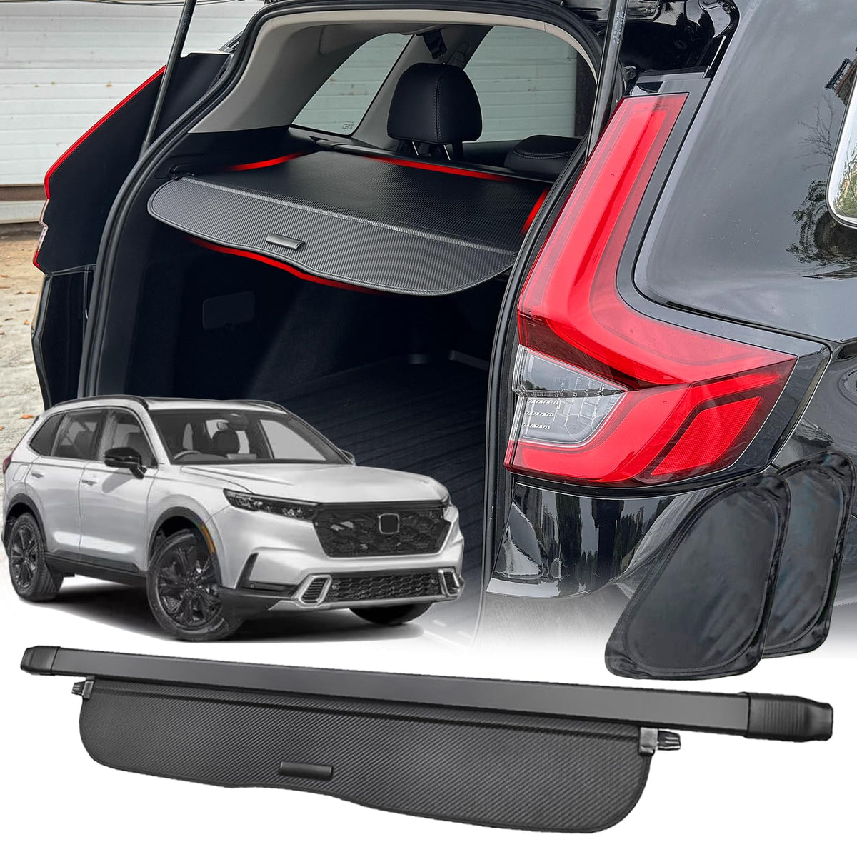 Volcaner cargo cover front installed in 2023 Honda CRV shows clean privacy benefit