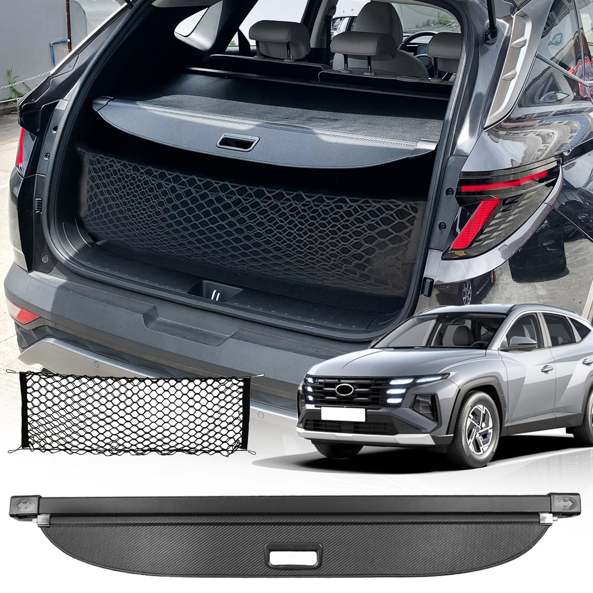 Volcaner front view installed in Hyundai Tucson showing clean covered trunk and privacy benefit