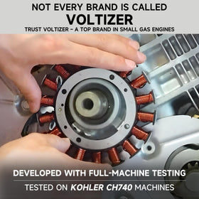 VOLTIZER stator close-up windings showing silicon steel coils for durable charging performance