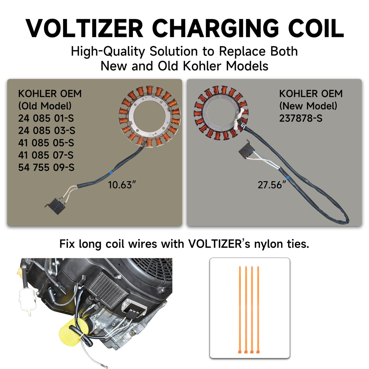 VOLTIZER stator installed on a Kohler engine demonstrating correct fit and stable charging