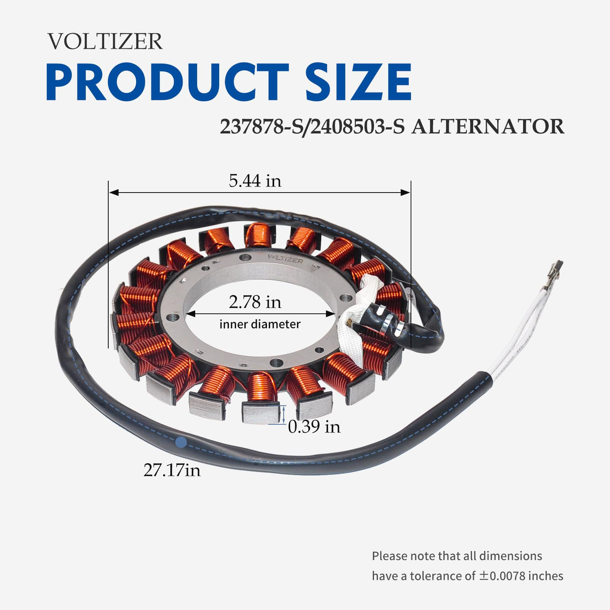 VOLTIZER stator next to a tape measure showing compact size for correct fitment