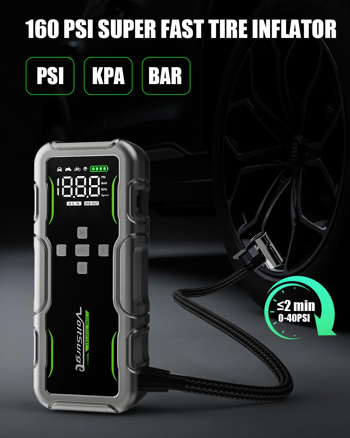 VoltSurge air compressor digital display inflating tire to correct PSI quickly