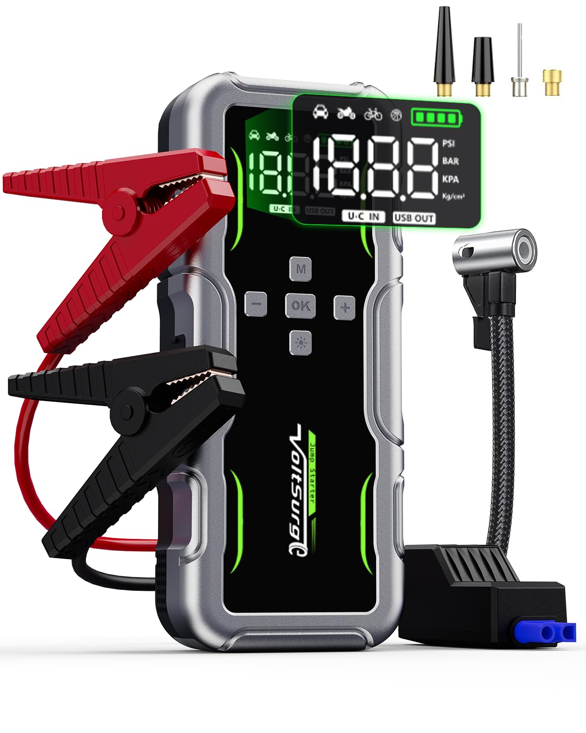 VoltSurge front packaging showing compact jump starter and ports for fast emergencies