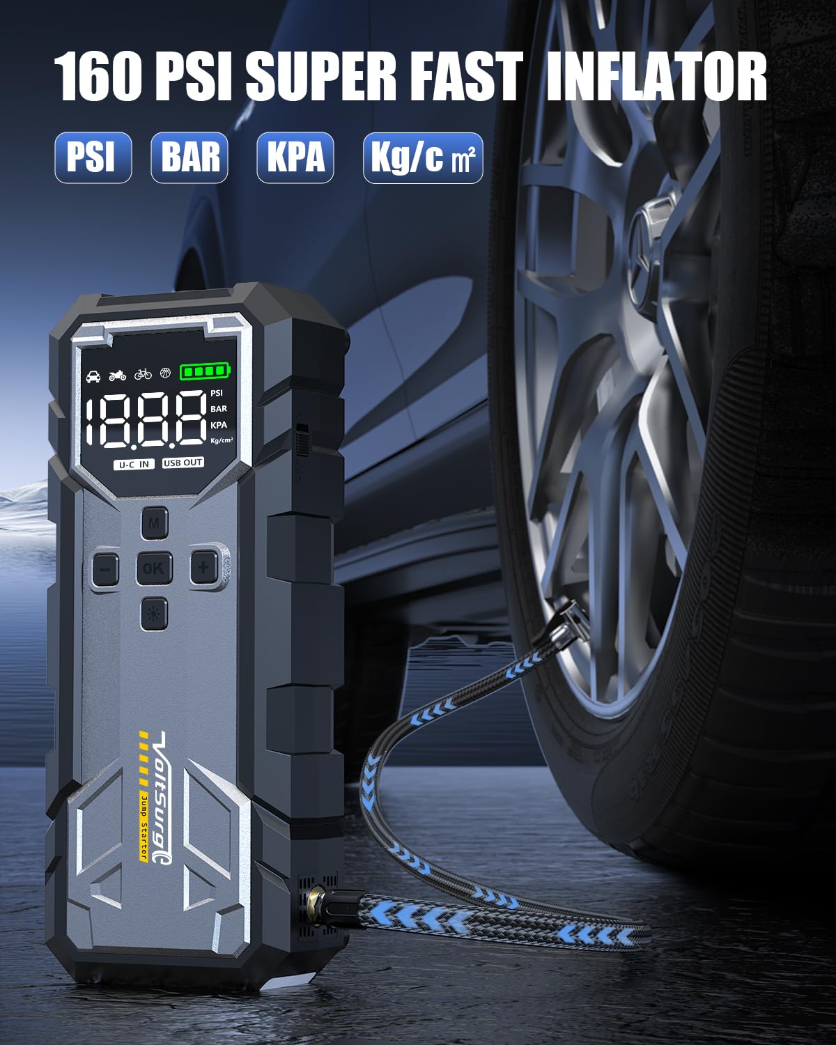 VoltSurge LCD display and controls showing pressure and battery readouts