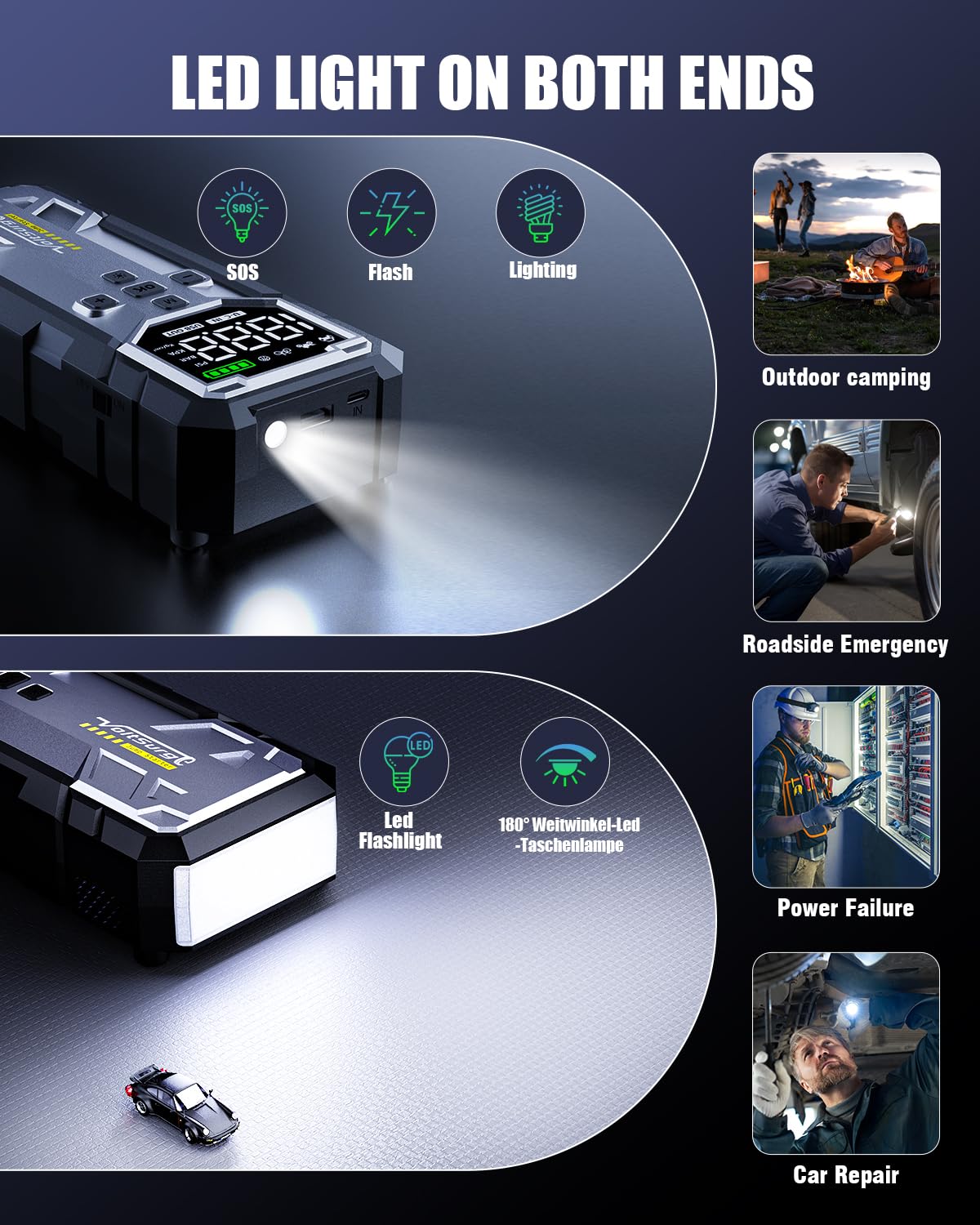 VoltSurge multi‑mode LED light illuminating roadside for safer night use