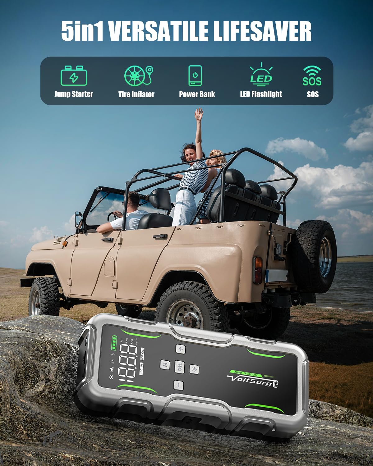 VoltSurge beside a water bottle showing compact size for easy vehicle storage