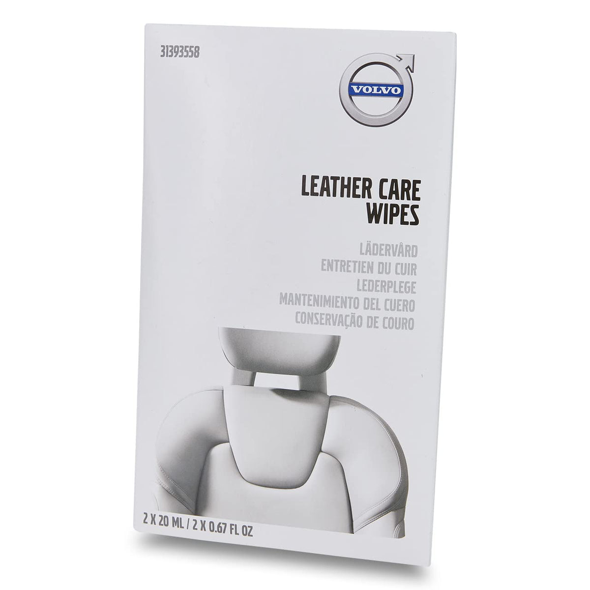 Volvo leather care wipes front packaging showing brand and resealable lid, convenient storage