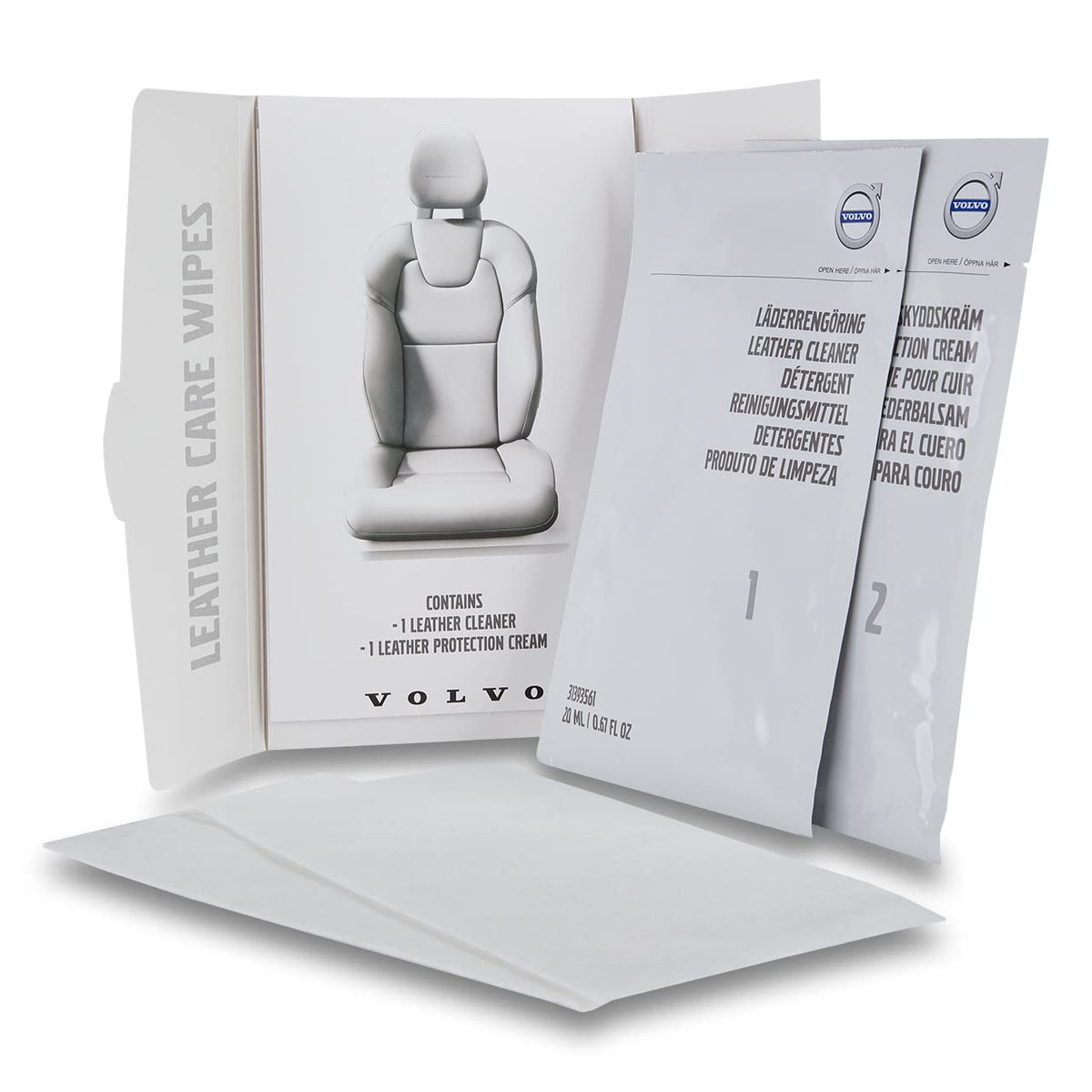 Volvo leather care wipe cleaning seat close-up, restores appearance and softens surface