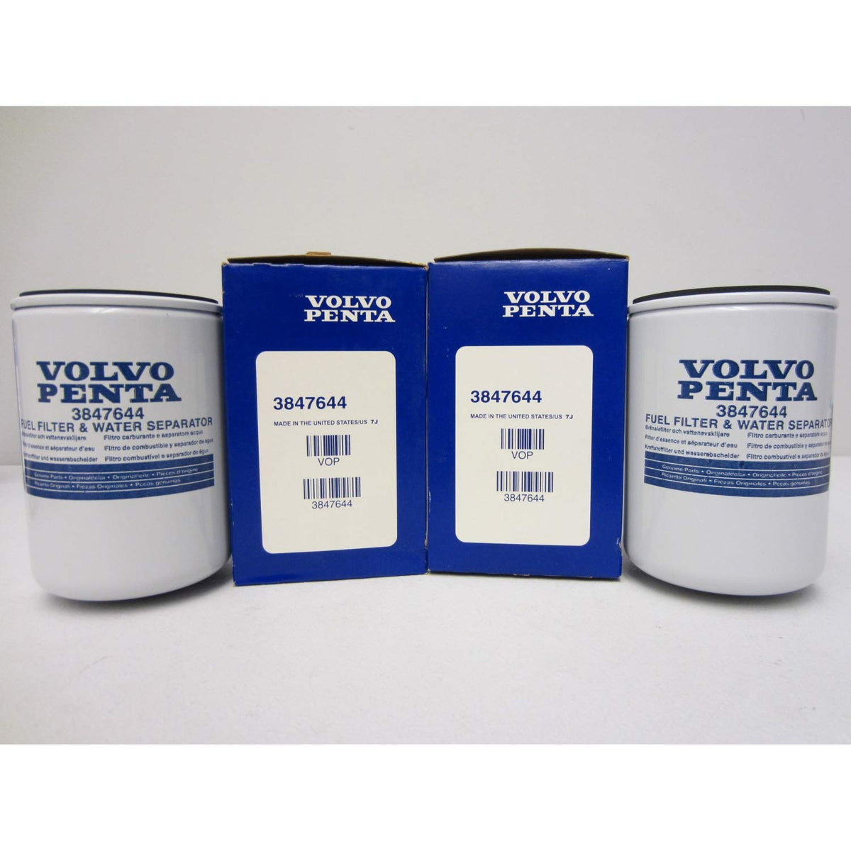 Volvo Penta front view of OEM filter two-pack showing fit and durability