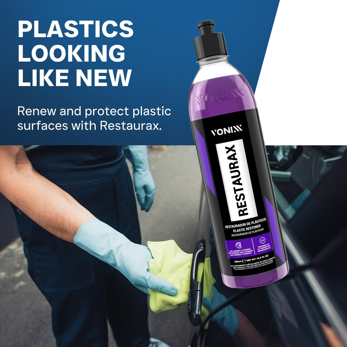 Vonixx Restaurax on dashboard highlighting restored color and UV protection benefit