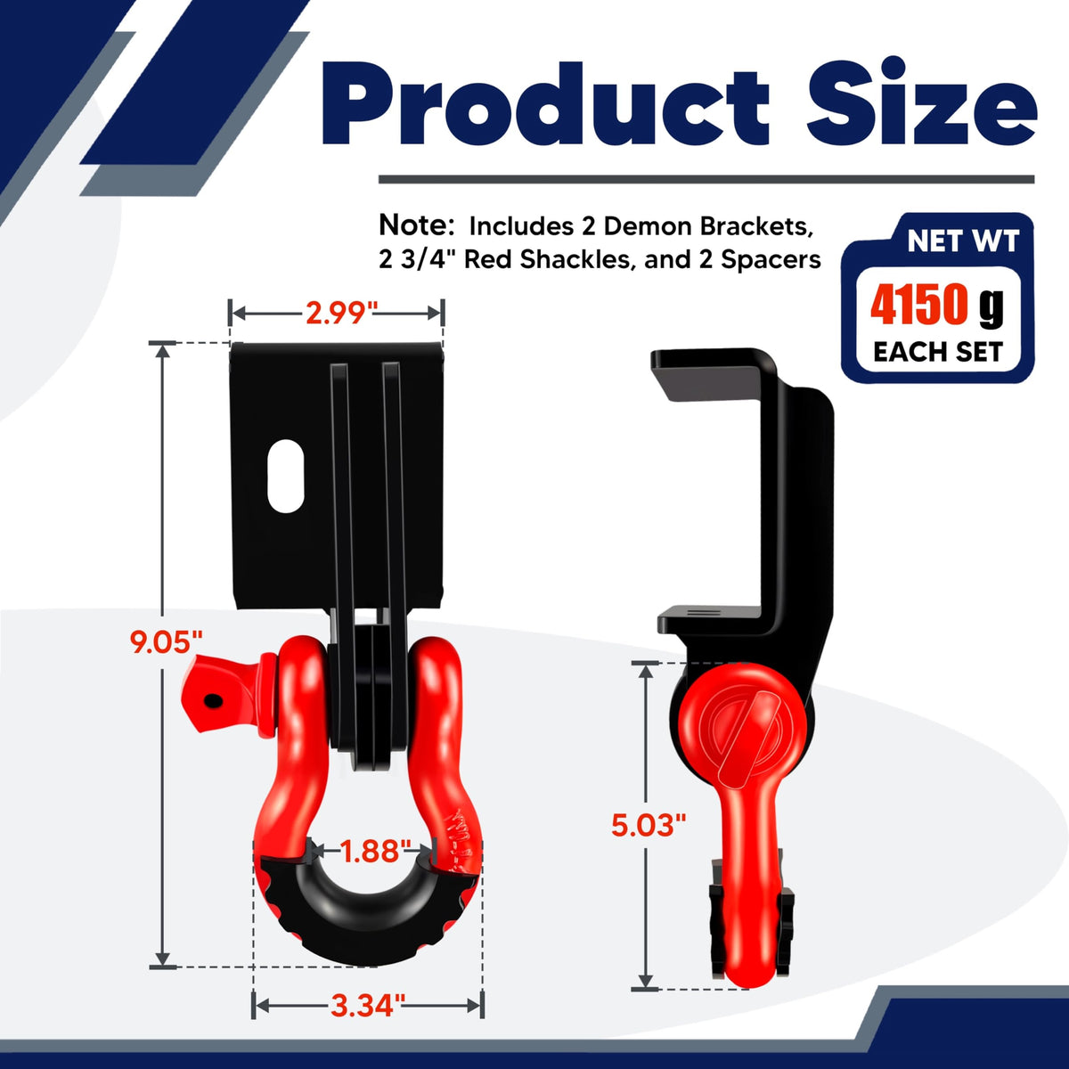 VONLX red 3/4" shackles and spacers displayed to show included hardware and strength