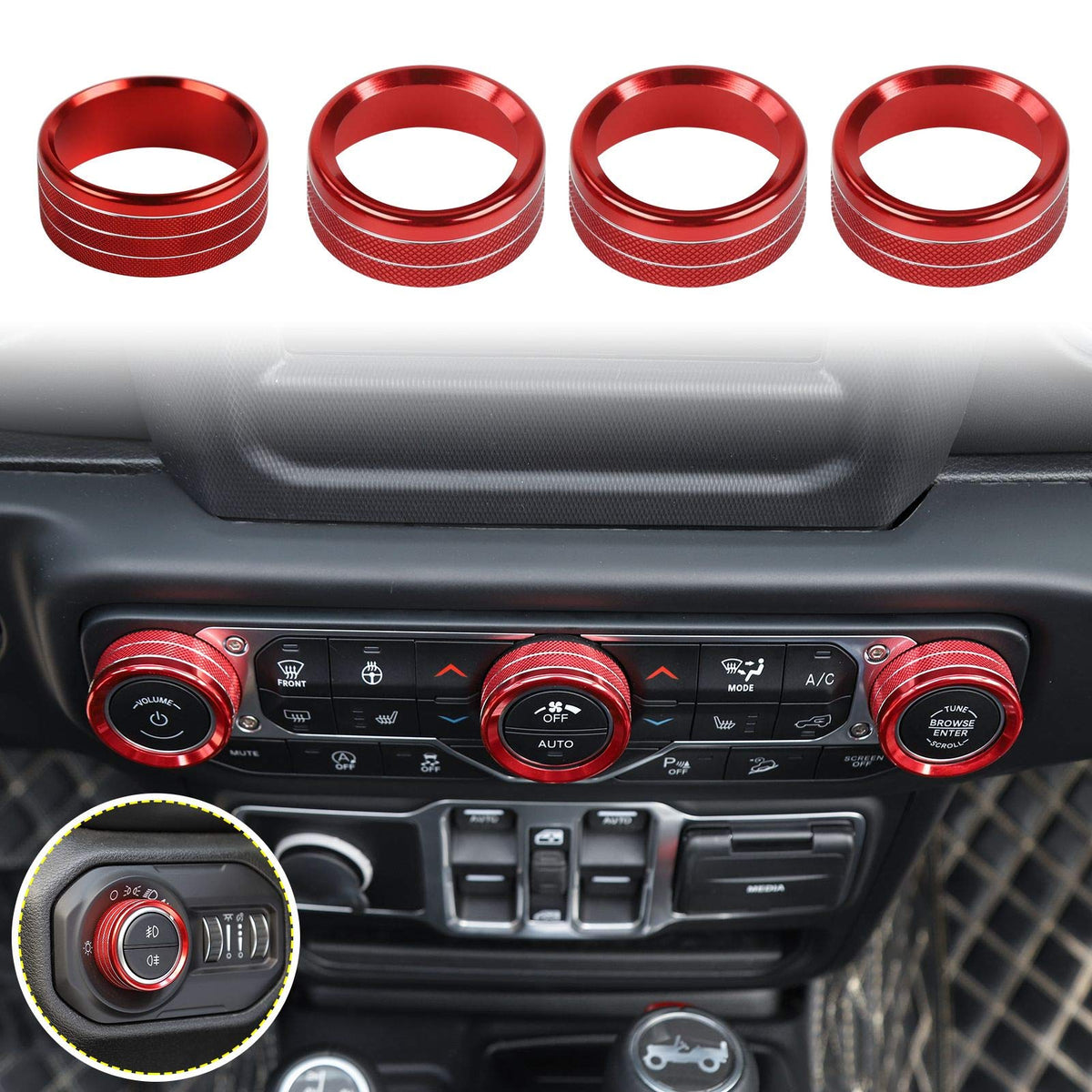 Voodonala front view of four red knob covers showing complete set and benefit of instant interior upgrade