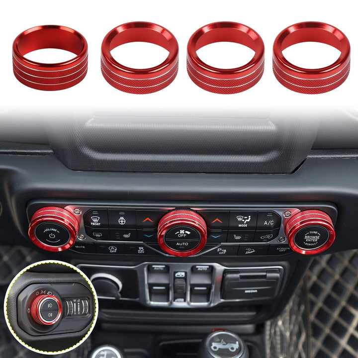 Voodonala front view of four red knob covers showing complete set and benefit of instant interior upgrade