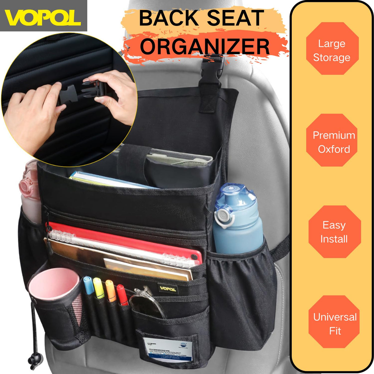 VOPQL fabric close-up highlighting 600D Oxford durability and easy-clean
