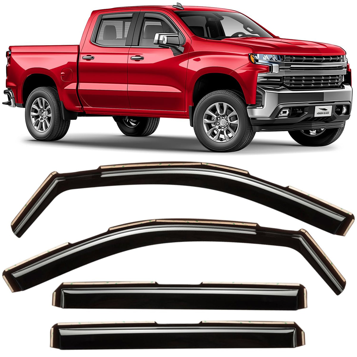 Voron Glass front packaging showing model fit for Silverado/Sierra and benefit of protection