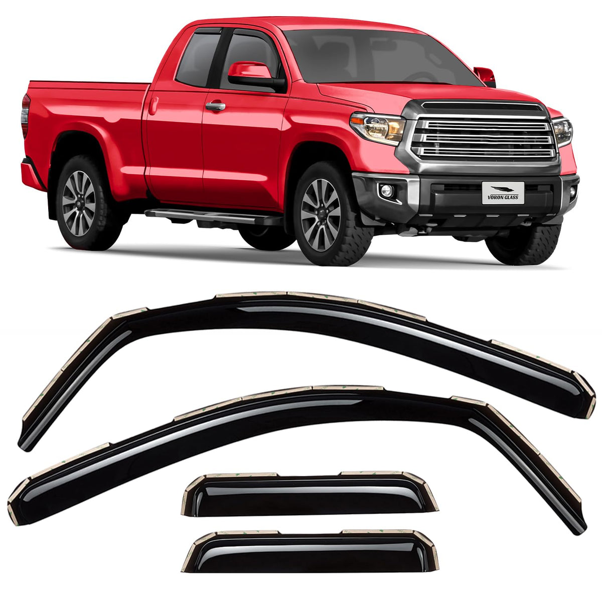 Voron Glass front packaging for Toyota Tundra showing kit contents and benefit of exact fit