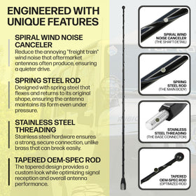 Votex antenna close-up of taper highlighting durable spring-steel profile