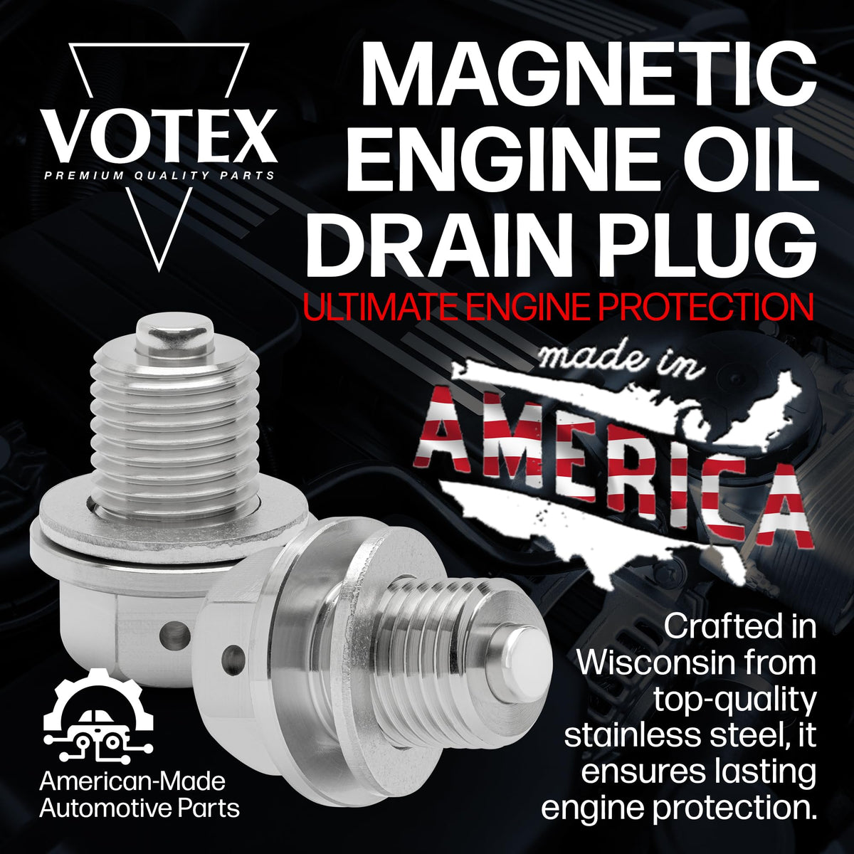 Votex side profile of drain plug highlighting CNC finish and strength benefit