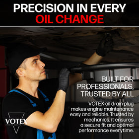 Votex drain plug in garage setting during oil change showing ease-of-use benefit