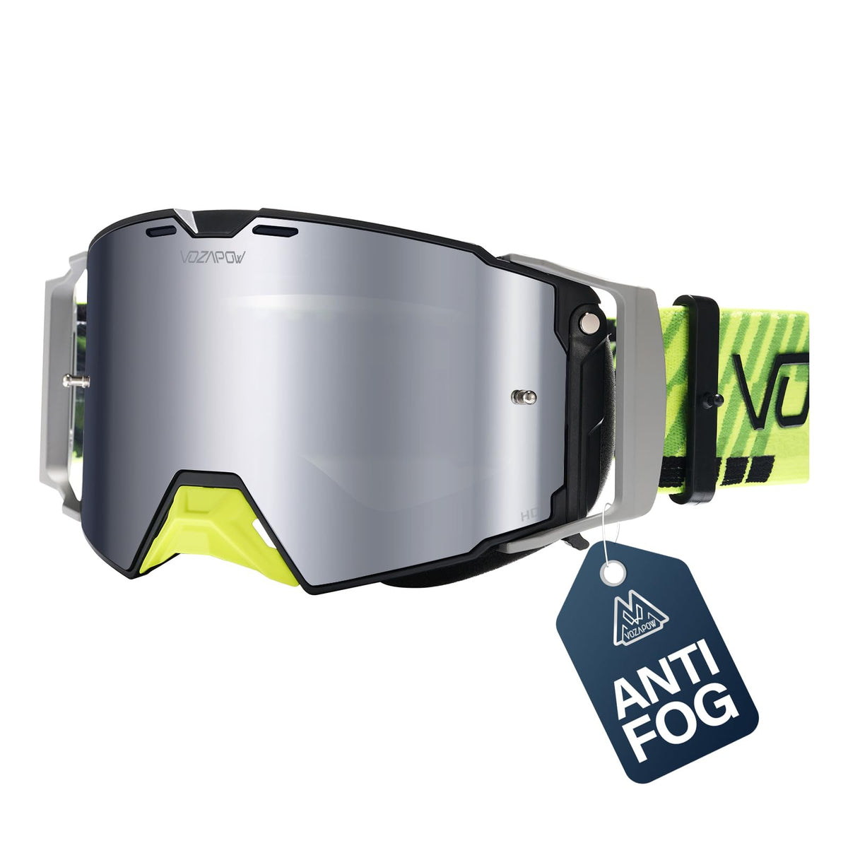 VOZAPOW front view showing goggles and packaging, clear branding and protection