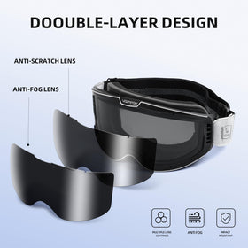 VOZAPOW goggles worn on motorcycle demonstrating secure helmet compatibility