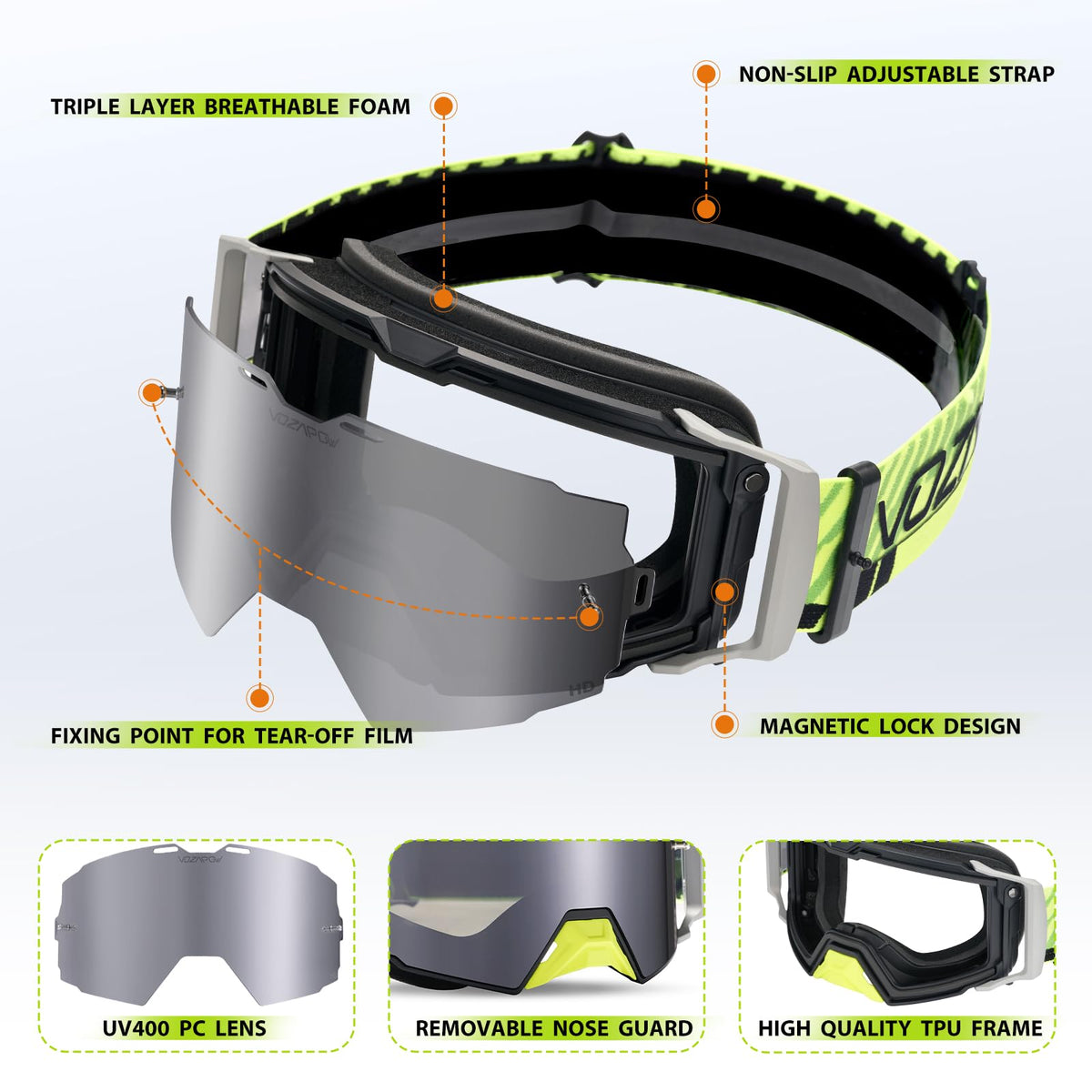 VOZAPOW goggles next to accessories, clear scale and included parts