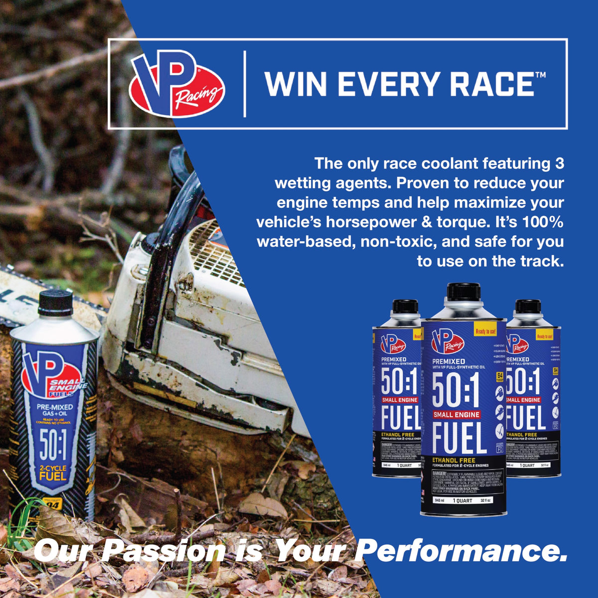 VP Racing Fuels side label details listing 50:1 premix and standards