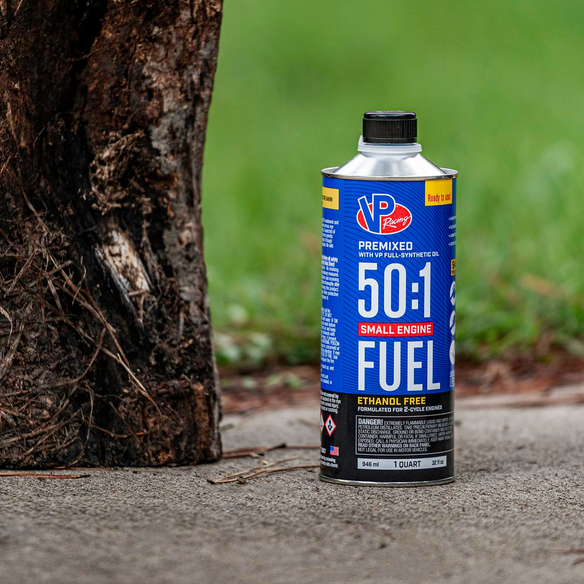 VP Racing pouring into trimmer tank demonstrating ready-to-use fuel for fast starts