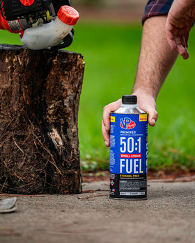VP Racing next to measuring scale showing one-gallon capacity for multiple refills